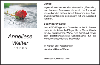 Traueranzeige von Anneliese Walter von Echo-Zeitungen (Gesamtausgabe)