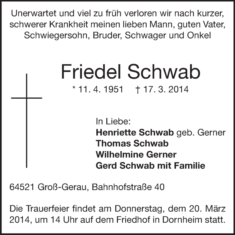  Traueranzeige für Friedrich Schwab vom 19.03.2014 aus Rüsselsheimer Echo, Groß-Gerauer-Echo, Ried Echo