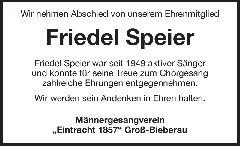  Traueranzeige für Friedel Speier vom 19.03.2014 aus Echo-Zeitungen (Gesamtausgabe)