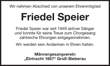 Traueranzeige von Friedel Speier von Echo-Zeitungen (Gesamtausgabe)