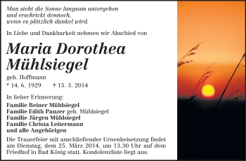 Traueranzeige von Maria Dorothea Mühlsiegel von Odenwälder Echo