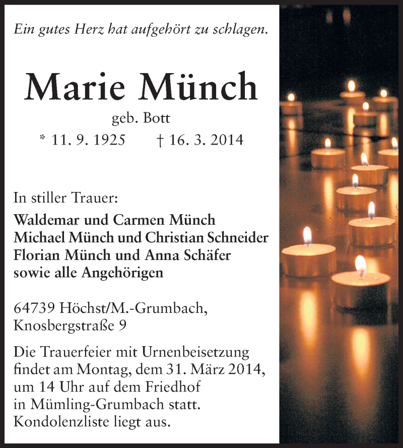  Traueranzeige für Marie Münch vom 28.03.2014 aus Odenwälder Echo