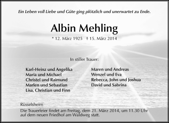 Traueranzeige von Albin Mehling von Rüsselsheimer Echo, Groß-Gerauer-Echo, Ried Echo