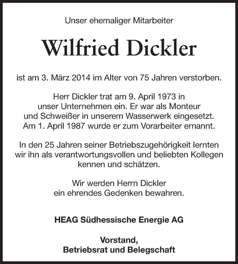  Traueranzeige für Wilfried Dickler vom 19.03.2014 aus Echo-Zeitungen (Gesamtausgabe)
