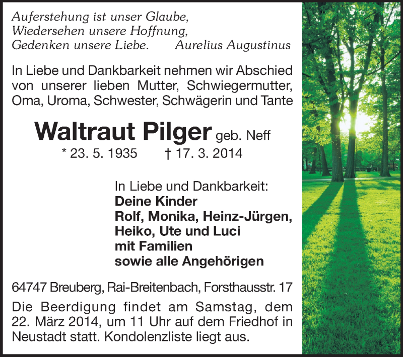  Traueranzeige für Waltraut Pilger vom 20.03.2014 aus Odenwälder Echo