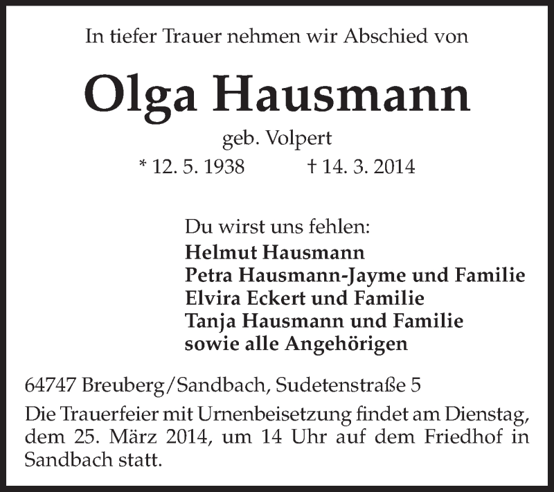  Traueranzeige für Olga Hausmann vom 22.03.2014 aus Odenwälder Echo