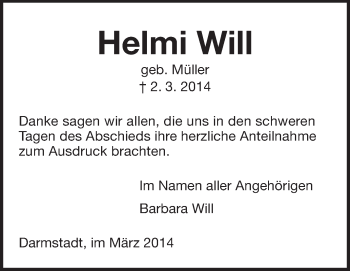 Traueranzeige von Helmi Will von Echo-Zeitungen (Gesamtausgabe)