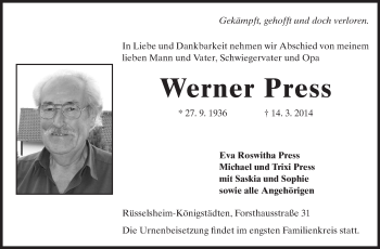 Traueranzeige von Werner Press von Rüsselsheimer Echo, Groß-Gerauer-Echo, Ried Echo