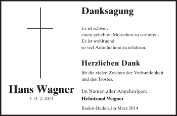 Traueranzeige von Hans Wagner von Darmstädter Echo, Odenwälder Echo, Rüsselsheimer Echo, Groß-Gerauer-Echo, Ried Echo