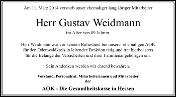 Traueranzeige von Gustav Weidmann von Odenwälder Echo
