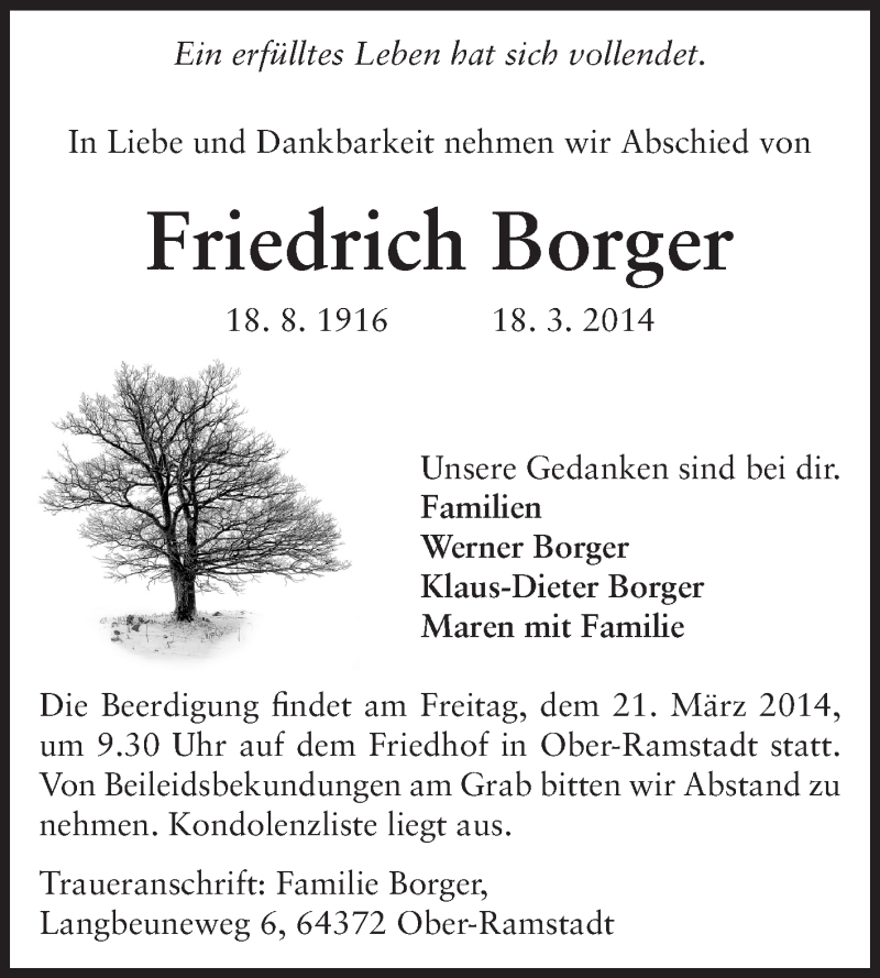  Traueranzeige für Friedrich Borger vom 19.03.2014 aus Darmstädter Echo, Odenwälder Echo, Rüsselsheimer Echo, Groß-Gerauer-Echo, Ried Echo
