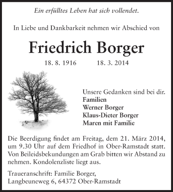 Traueranzeige von Friedrich Borger von Darmstädter Echo, Odenwälder Echo, Rüsselsheimer Echo, Groß-Gerauer-Echo, Ried Echo
