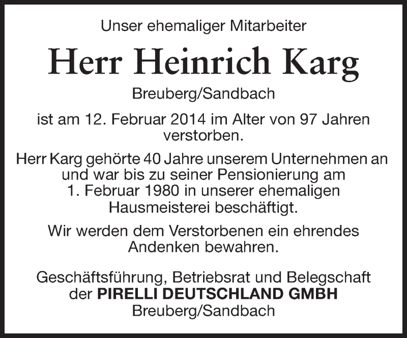  Traueranzeige für Heinrich Karg vom 20.03.2014 aus Odenwälder Echo