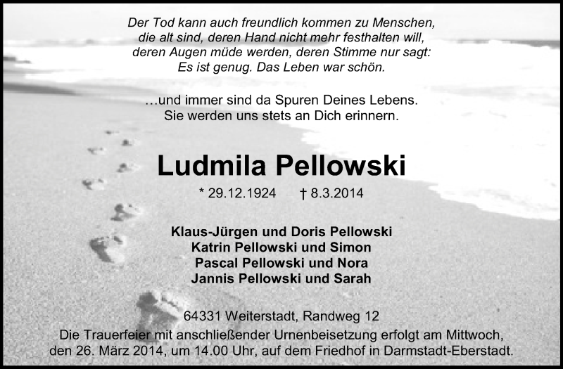  Traueranzeige für Ludmila Pellowski vom 22.03.2014 aus Echo-Zeitungen (Gesamtausgabe)