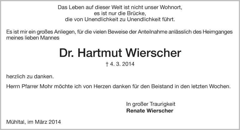  Traueranzeige für Hartmut Wierscher vom 29.03.2014 aus Echo-Zeitungen (Gesamtausgabe)