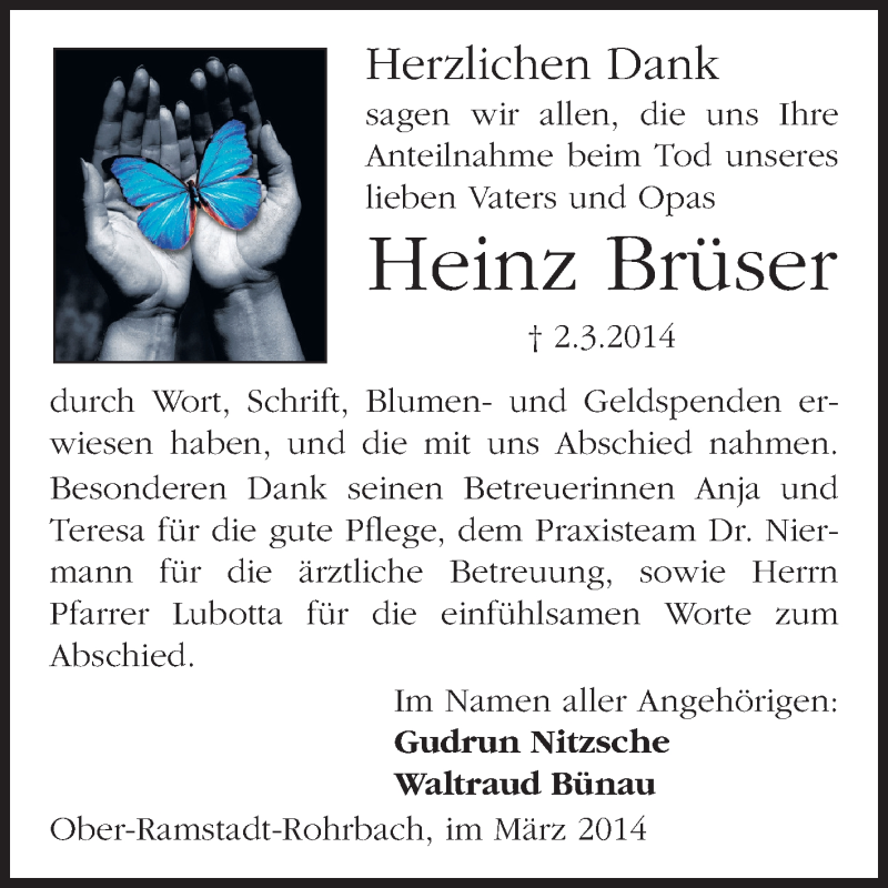  Traueranzeige für Heinz Brüser vom 22.03.2014 aus Echo-Zeitungen (Gesamtausgabe)