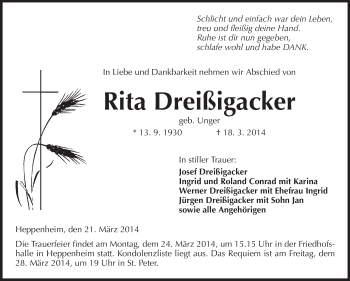 Traueranzeige von Rita Dreißigacker von Starkenburger Echo