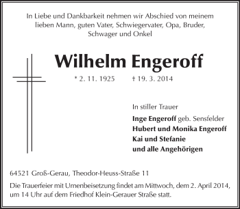 Traueranzeige von Wilhelm Engeroff von Rüsselsheimer Echo, Groß-Gerauer-Echo, Ried Echo