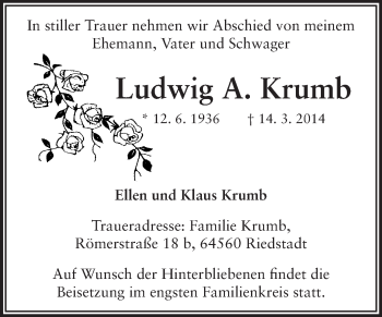 Traueranzeige von Ludwig Krumb von Rüsselsheimer Echo, Groß-Gerauer-Echo, Ried Echo