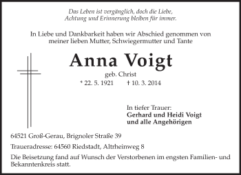 Traueranzeige von Anna Voigt von Rüsselsheimer Echo, Groß-Gerauer-Echo, Ried Echo