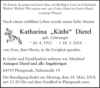Traueranzeige von Katharina Dietel von Echo-Zeitungen (Gesamtausgabe)