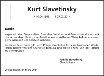 Traueranzeige von Kurt Slavetinsky von Echo-Zeitungen (Gesamtausgabe)