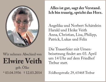 Traueranzeige von Elwire Vetih von Rüsselsheimer Echo, Groß-Gerauer-Echo, Ried Echo