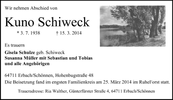 Traueranzeige von Kuno Schiweck von Odenwälder Echo