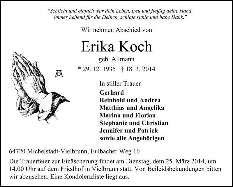  Traueranzeige für Erika Koch vom 22.03.2014 aus Odenwälder Echo