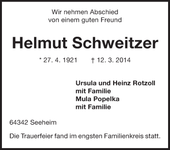 Traueranzeige von Helmut Schweitzer von Echo-Zeitungen (Gesamtausgabe)