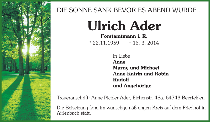  Traueranzeige für Ulrich Ader vom 22.03.2014 aus Odenwälder Echo