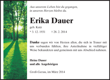 Traueranzeige von Erika Dauer von Rüsselsheimer Echo, Groß-Gerauer-Echo, Ried Echo