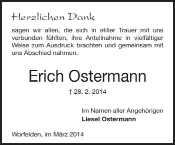 Traueranzeige von Erich Ostermann von Rüsselsheimer Echo, Groß-Gerauer-Echo, Ried Echo