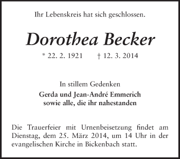 Traueranzeige von Dorothea Becker von Echo-Zeitungen (Gesamtausgabe)