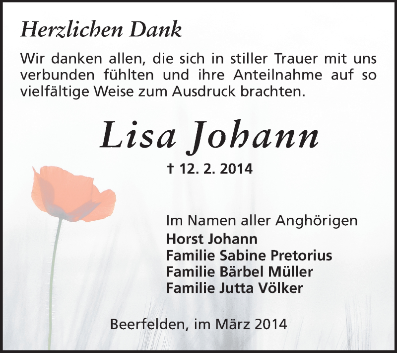  Traueranzeige für Lisa Johann vom 22.03.2014 aus Odenwälder Echo