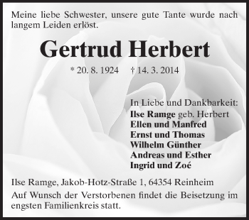 Traueranzeige von Gertrud Herbert von Echo-Zeitungen (Gesamtausgabe)