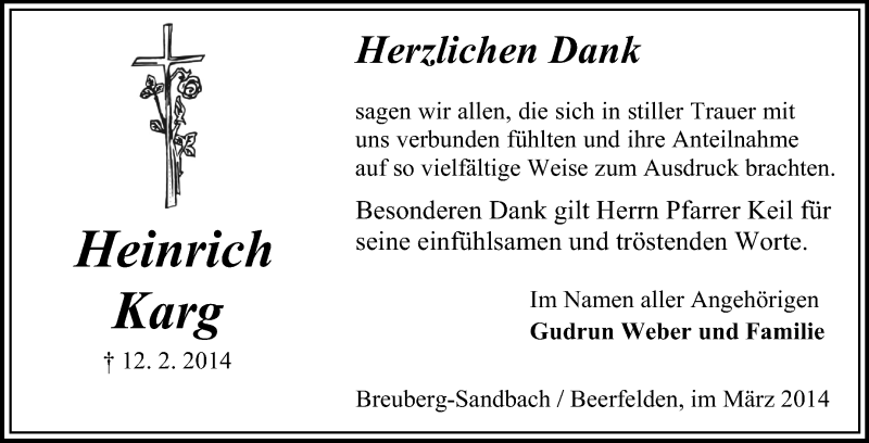  Traueranzeige für Heinrich Karg vom 22.03.2014 aus Odenwälder Echo