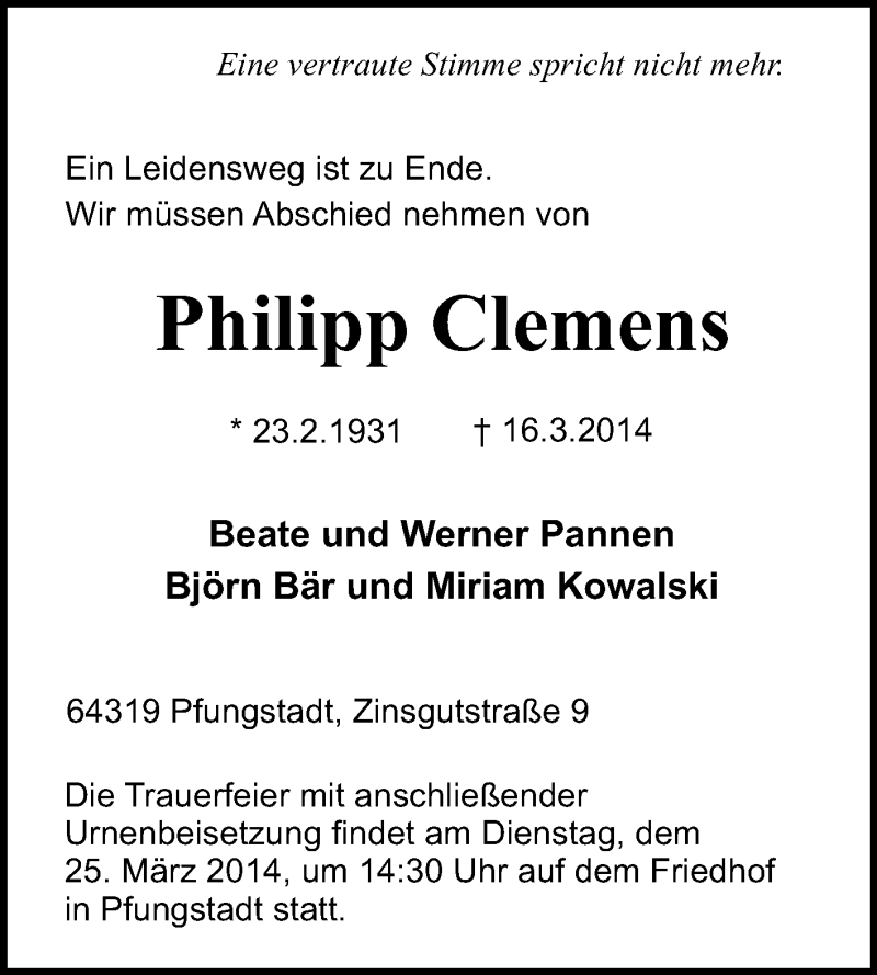  Traueranzeige für Philipp Clemens vom 22.03.2014 aus Echo-Zeitungen (Gesamtausgabe)