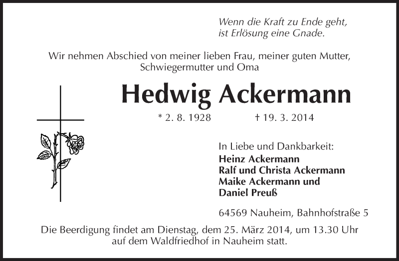  Traueranzeige für Hedwig Ackermann vom 22.03.2014 aus Rüsselsheimer Echo, Groß-Gerauer-Echo, Ried Echo