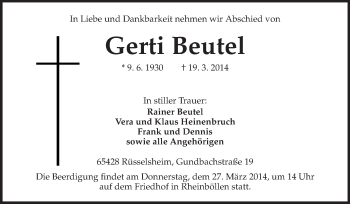 Traueranzeige von Gerti Beutel von Rüsselsheimer Echo, Groß-Gerauer-Echo, Ried Echo