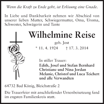 Traueranzeige von Wilhelmine Reise von Odenwälder Echo
