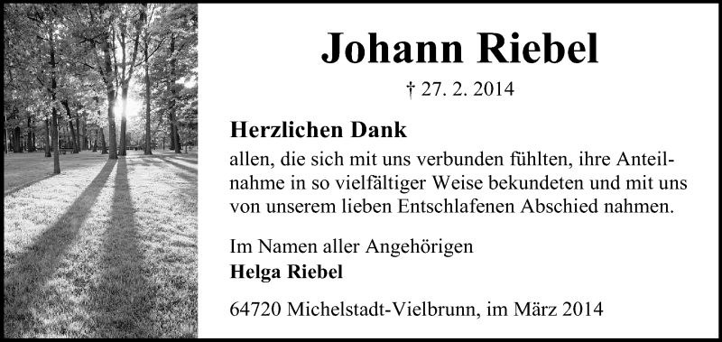  Traueranzeige für Johann Riebel vom 28.03.2014 aus Odenwälder Echo