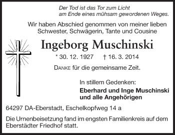 Traueranzeige von Ingeborg Muschinski von Echo-Zeitungen (Gesamtausgabe)