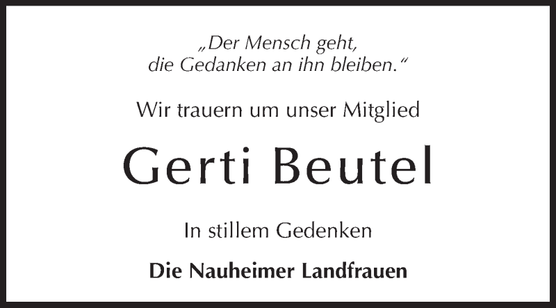  Traueranzeige für Gerti Beutel vom 26.03.2014 aus Rüsselsheimer Echo, Groß-Gerauer-Echo, Ried Echo
