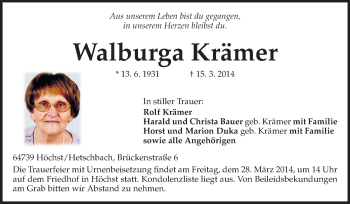 Traueranzeige von Walburga Krämer von Odenwälder Echo
