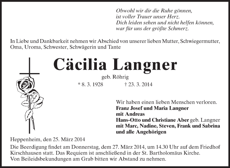  Traueranzeige für Cäcilia Langner vom 25.03.2014 aus Starkenburger Echo