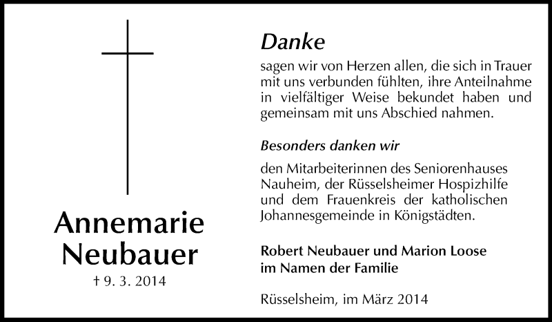  Traueranzeige für Annemarie Neubauer vom 29.03.2014 aus Rüsselsheimer Echo, Groß-Gerauer-Echo, Ried Echo