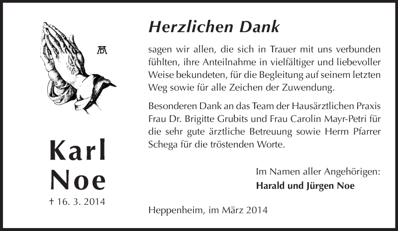  Traueranzeige für Karl Noe vom 28.03.2014 aus Starkenburger Echo