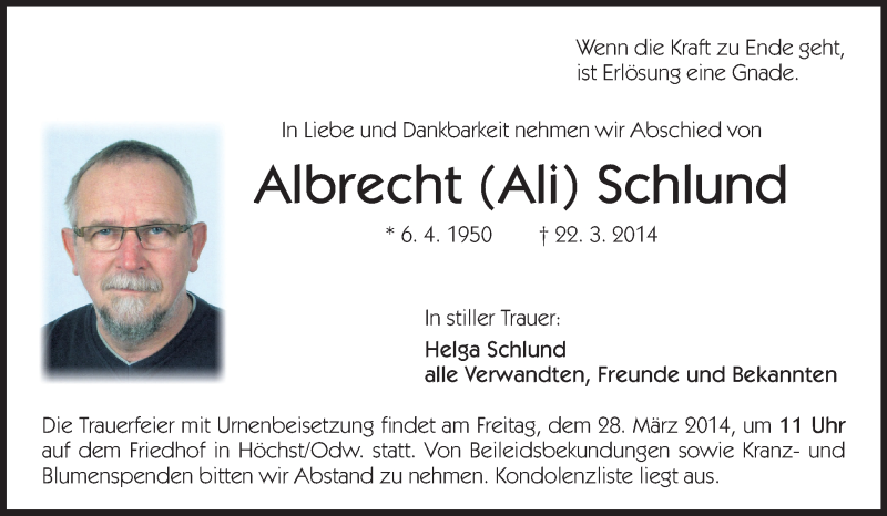  Traueranzeige für Albrecht Schlund vom 26.03.2014 aus Odenwälder Echo