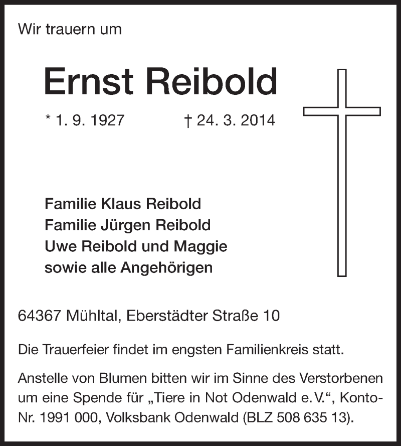  Traueranzeige für Ernst Reibold vom 26.03.2014 aus Echo-Zeitungen (Gesamtausgabe)